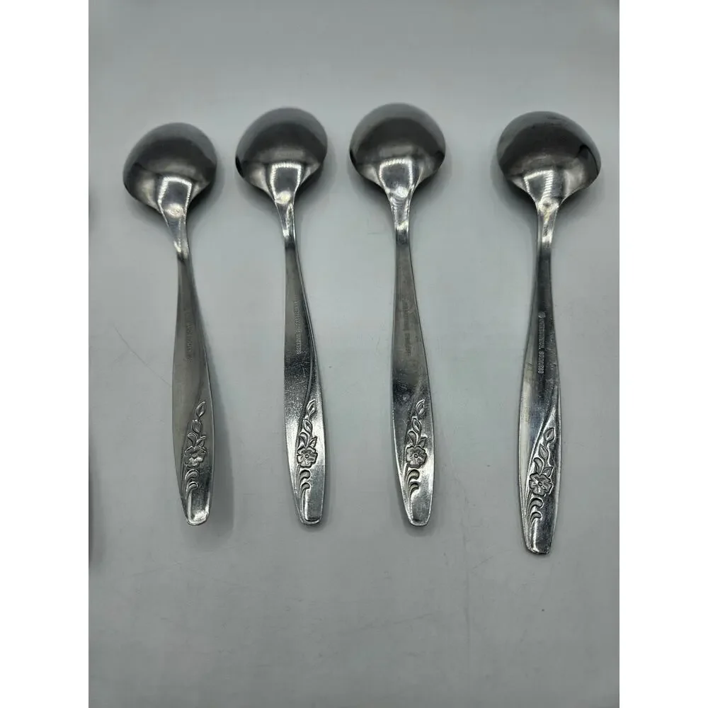 Vintage International Stainless Tablespoons Set 7 Korea Floral Pattern MCM